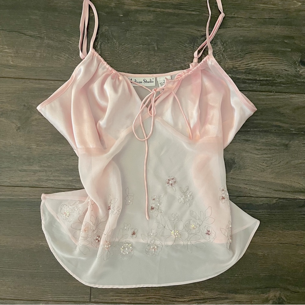 vintage madison studio sheer pink floral embroidered cami top